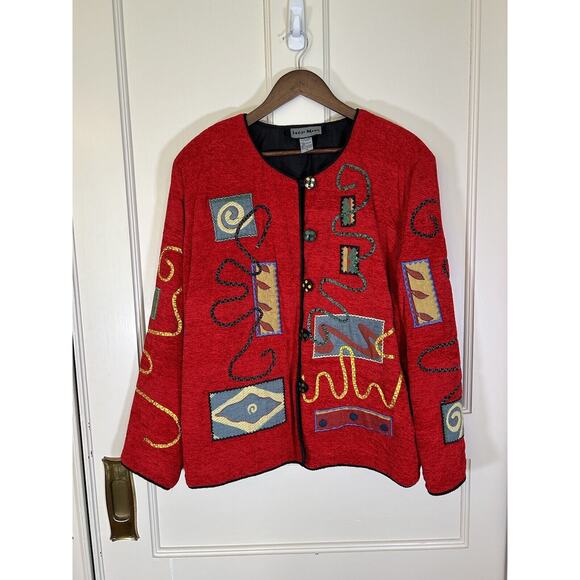 Indigo Moon Art Button Front Soft Jacket Womens Size 1X Red Boho Colorful - Picture 1 of 8